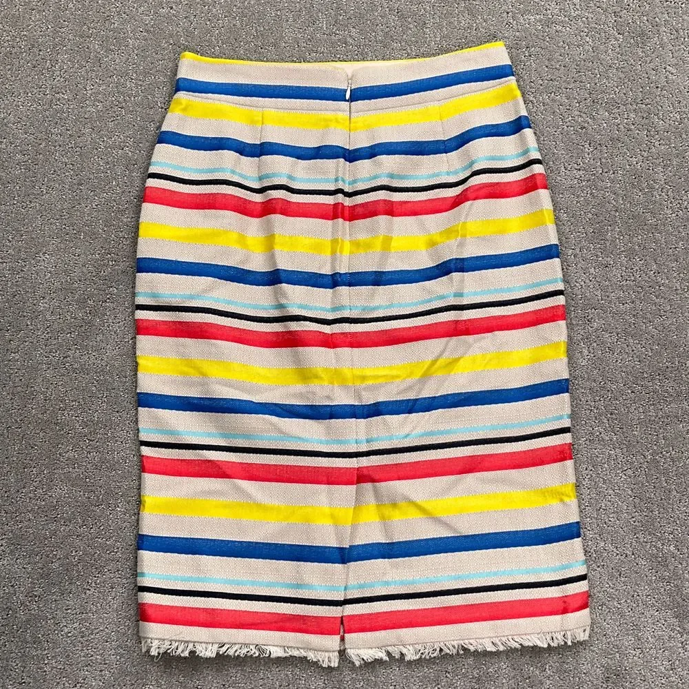 J Crew Skirt‎ Women 4 Beige Yellow Stripe Woven Fringe Lined Pencil Boho Cotton